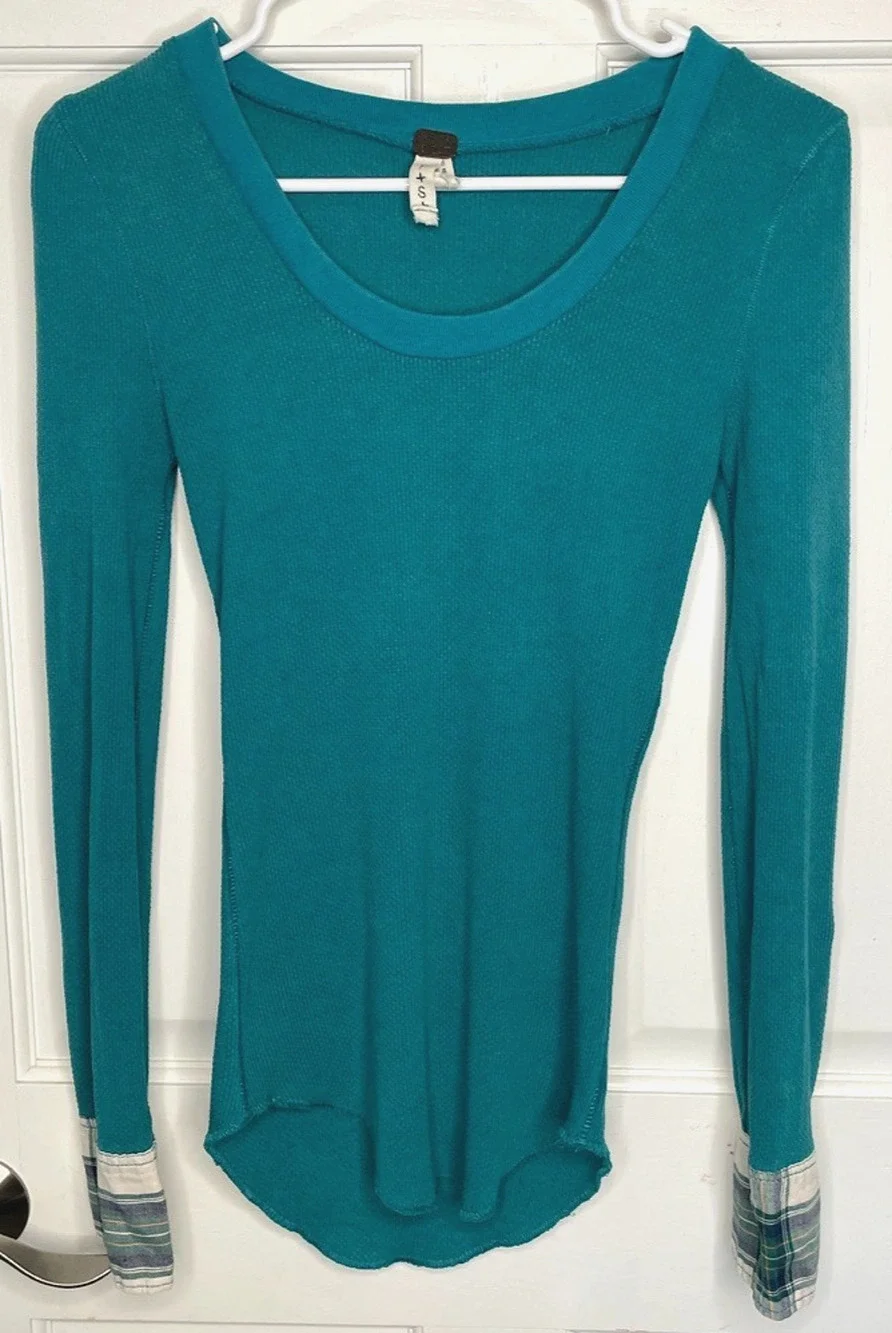 Free People We The Free All In Cuff Waffle Knit Thermal Top Sz S Boho Plaid